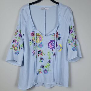 Signature Collection Womens Small Top Blue Embroidered Tie Neck 3/4 Sleeves Boho